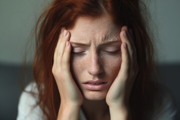 Freckled woman touches temples suffers from headache feels unhealthy, closeup