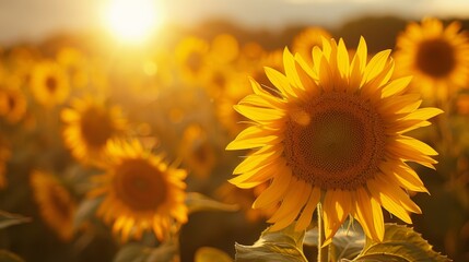 A beautiful sunflower field bathed in warm sunlight, capturing the vibrant yellow blooms during a golden hour sunset.