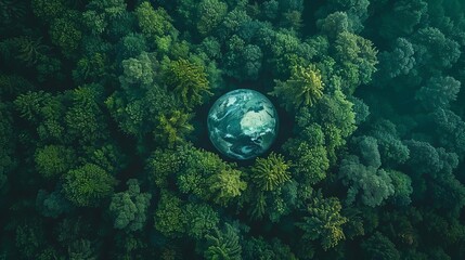 Aerial top view of green forest tree and a big global globe in a side