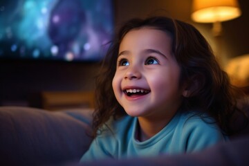 girl age 4 watching tv in the evening, big smile