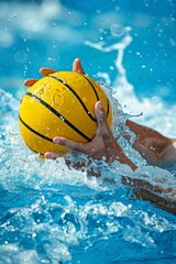 Powerful water polo player s hands grip ball for shot  summer olympic sport close up