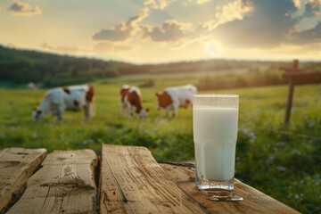 Fresh milk in glass on wooden table with scenic view of cows grazing on lush green grassy field