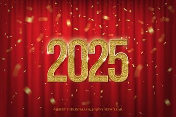 Golden 2025 number vector illustration. Merry Christmas and Happy new year banner template. Festive postcard, xmas greeting card design with red curtain and typography, holiday congratulations