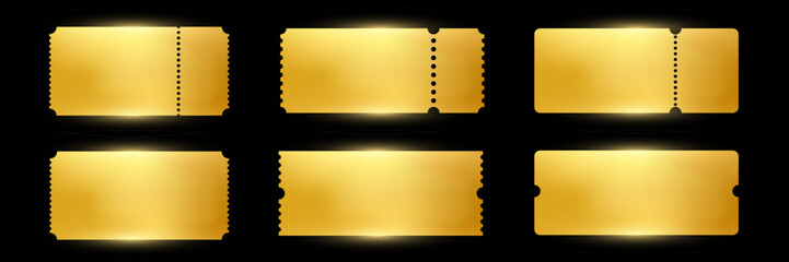 Gold empty tickets templates set. Golden vector coupon, stickers or discount tags mockups collection isolated on black background. Cinema, theater, concert, party, event, festival invitation entrance