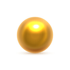 Gold metal ball. Golden chrome sphere isolated on white background. Oil drop. Yellow bubble. Jewelry bead for necklace. Realistic 3d vector design element