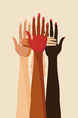 Diverse Female Hands United in Support, Symbolizing Women's Power, Social Freedom, and Peace
