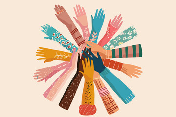 Diverse Female Hands United in Support, Symbolizing Women's Power, Social Freedom, and Peace