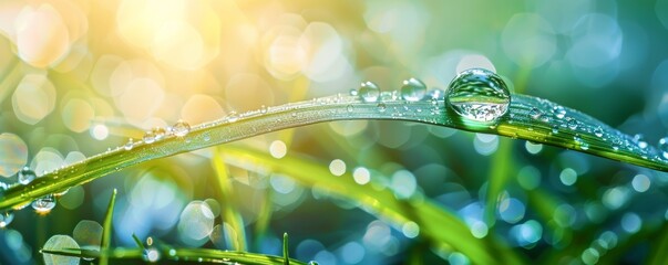 Close-up of fresh green grass with morning dew drops sparkling in sunlight, creating a vibrant, natural, and serene outdoor scenery.