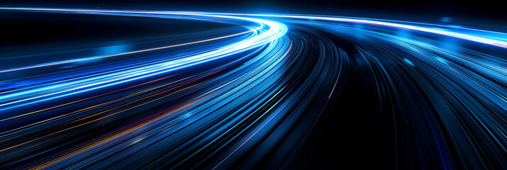 Blue neon light trails curving in motion creating a futuristic and dynamic visual effect with a sense of speed.banner
