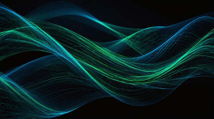 Dynamic blue-green lines against a black backdrop symbolize AI, digital technology, 5G innovation, scientific exploration, and musical creativity.