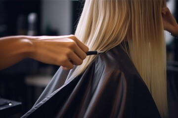 hand of unrecognizable hair stylist cutting long blond hair of unrecognizable female client in black cape