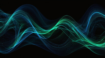 Blue-green lines on black background represent AI, digital tech, 5G, science, and music.