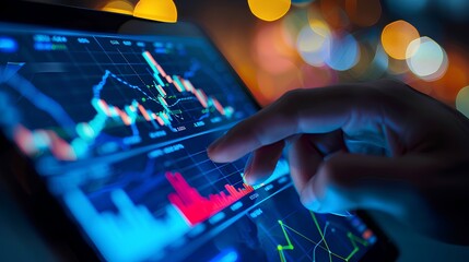 Close-up of hand interacting with digital tablet displaying financial charts
