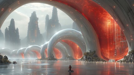 A lone figure stands in a futuristic city with red glowing structures and a silver archway.