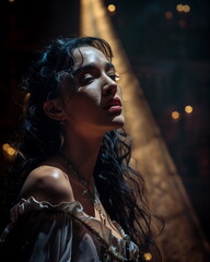 Portrait photography of a female singer on opera theatre stage or in a medieval castle, mystic and moody light rays. Dramatic 