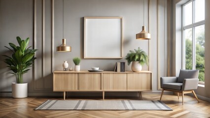 minimalist Contemporary interior design of living room with wooden sideboard and mock up poster. Home interior background. Empty frame. 3d rendering