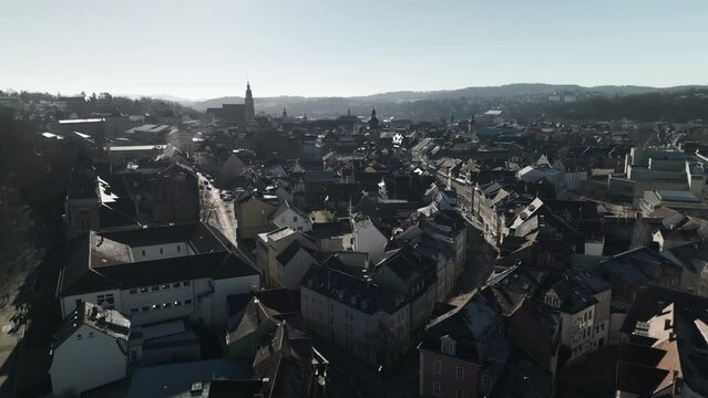 Aerial footage of the Old Town Coburg at the golden hour in Germany