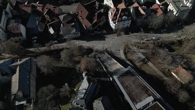 Aerial of the buildings of Coburg town with Utopolis Movie theater on a sunny day in Germany