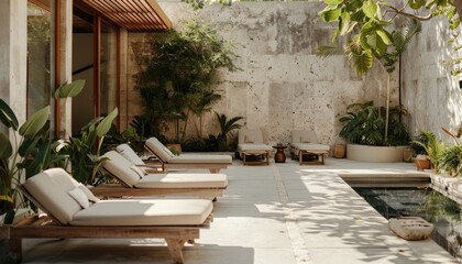 Obraz premium Luxurious hotel interior design, with limestone and concrete accents, created with AI