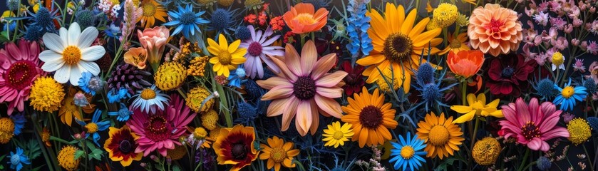 Fototapeta premium Vibrant and colorful arrangement of various flowers in full bloom, showcasing nature's beautiful diversity and bright, cheerful petals.