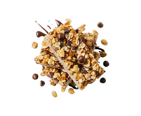 Obraz premium Healthy granola cereal bars with oats, nuts, and chocolate of stacked almond granola bars with loose almonds on transparent background Ai generative.