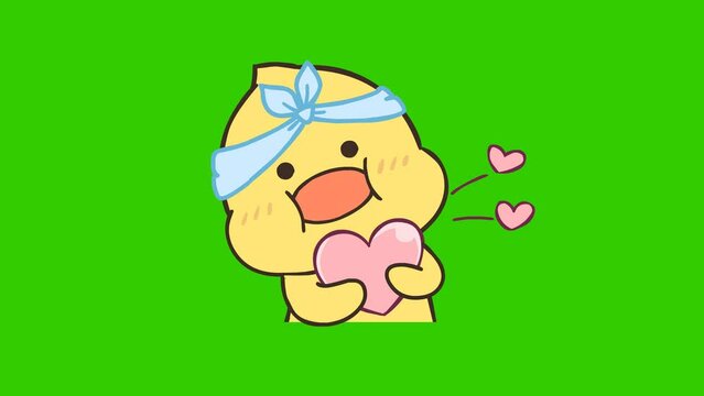 Animated Little Duck Hugging a Heart - Green Screen