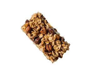 Obraz premium Healthy granola cereal bars with oats, nuts, and chocolate of stacked almond granola bars with loose almonds on transparent background Ai generative.