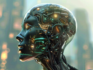 High-Tech Futuristic Robot Head in Profile black