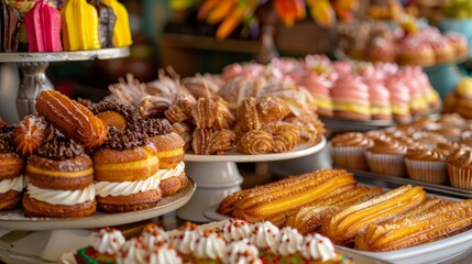 Colorful display of Mexican desserts such as churros and tres leches cake Generative AI