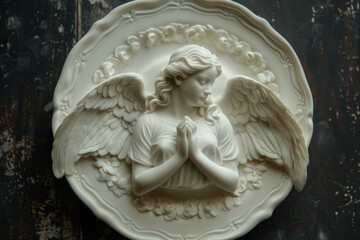 Elegant highrelief sculpture of an angel with folded hands on a decorative plate