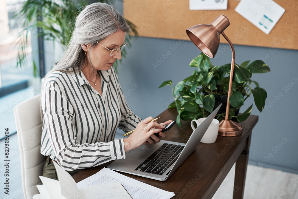 Poster Smartphone, laptop and mature business woman reading email, networking and scroll on app in startup. Phone, computer and manager research information on website for creative work project of editor