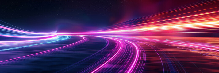 A minimalistic background with blurred light trails in purple and pink, speed motion. Pink and purple neon light trails in motion creating a dynamic and futuristic visual experience