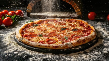 Photograph of a tasty Margarita Pizza covered in flour