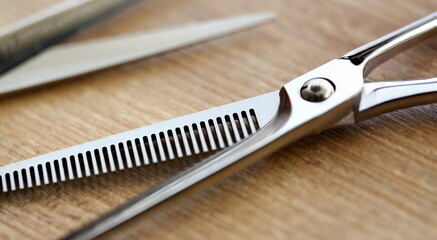 Professional Stainless Scissors Partial View Photo. Stainless Cutting Tool with Comb on Wooden...