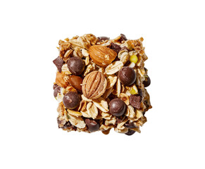 Obraz premium Healthy granola cereal bars with oats, nuts, and chocolate of stacked almond granola bars with loose almonds on transparent background Ai generative.