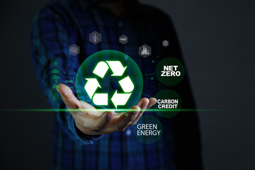 Net zero, carbon neutrality, Renewable energy concept. Net zero and Green energy icon around it at...