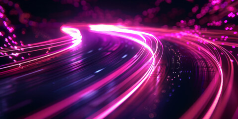 A minimalistic background with blurred light trails in purple and pink, speed motion. Pink and purple neon light trails in motion creating a dynamic and futuristic visual experience