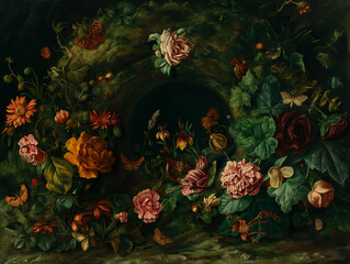 Surreal art fantasy scene secret mysterious garden of flowers and plants, peonies, tulips, roses, orchids, fruits, mushrooms. Baroque, renaissance style, rich colors, dramatic lighting, oil painting