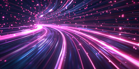 A minimalistic background with blurred light trails in purple and pink, speed motion. Pink and purple neon light trails in motion creating a dynamic and futuristic visual experience