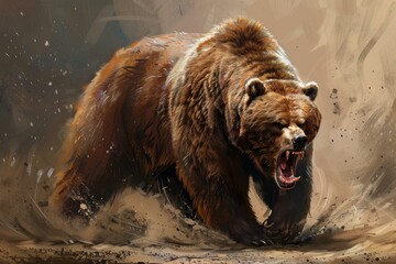 Obraz premium Digital painting of an angry grizzly bear charging with intense expression