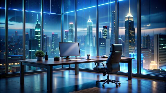 A futuristic the modern luxury scene Dark nighting Lingting in an office desk top computer