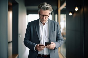 mature businessman standing in office using cell phone