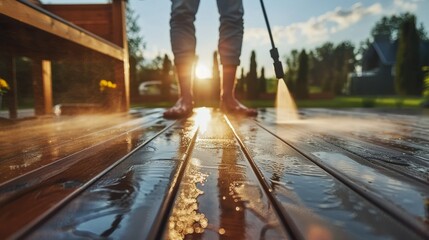 Maintenance  man cleaning wooden terrace floor with high pressure cleaner for thorough cleanliness