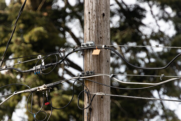 Close-up of a power pole with cables