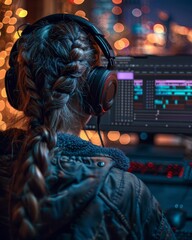 Fototapeta premium A young woman wearing headphones is sitting in front of a computer. She is looking at the screen and appears to be working on a video editing project.