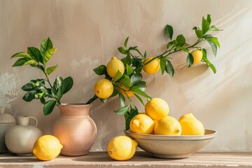 There is a vase filled with lemons and a bowl of lemons on a table