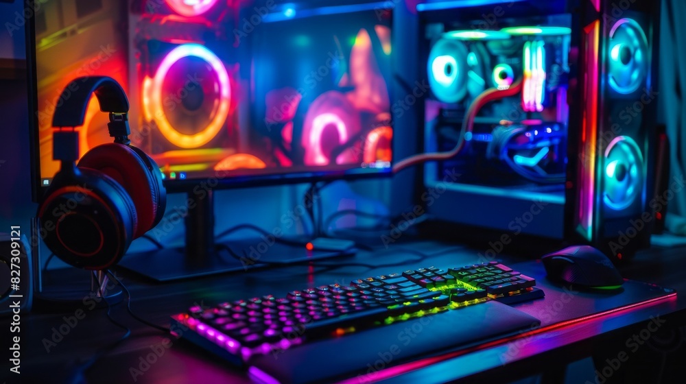 Poster A computer desk with a keyboard, mouse, and monitor