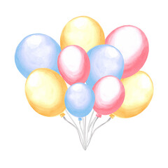 Helium balloons colorful bunch with rope. Colorful Happy Birthday festive clipart. Hand drawn watercolor illustration isolated. Template for holiday decoration, card, invitation, baby shower, nursery.