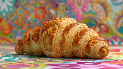 114 3D model of a croissant icon with a colorful illustrated background