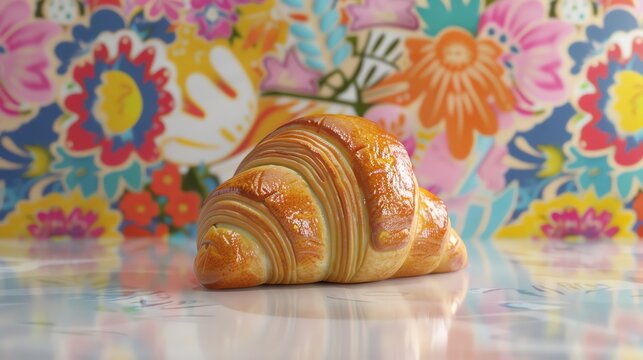 114 3D model of a croissant icon with a colorful illustrated background